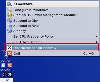 KPowersave menu with option "Disable Actions on Inactivity"