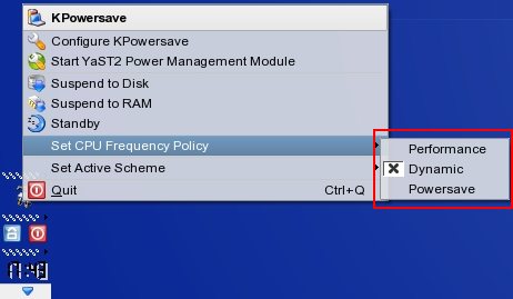 KPowersave menu with submenu 'CPU Frequency Policy'