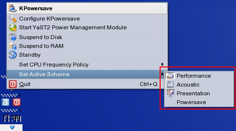 KPowersave menu with entries to switch schemes