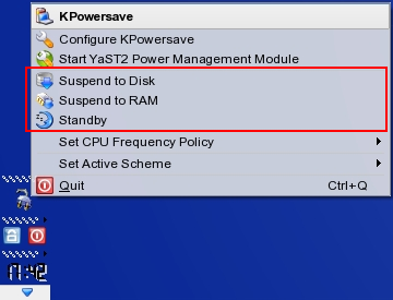 KPowersave menu with entries for suspend/standby