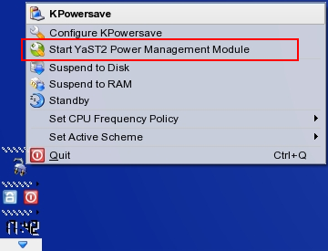 KPowersave menu with entry to start YaST