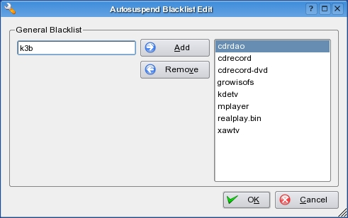 KPowersave dialog to edit Blacklist