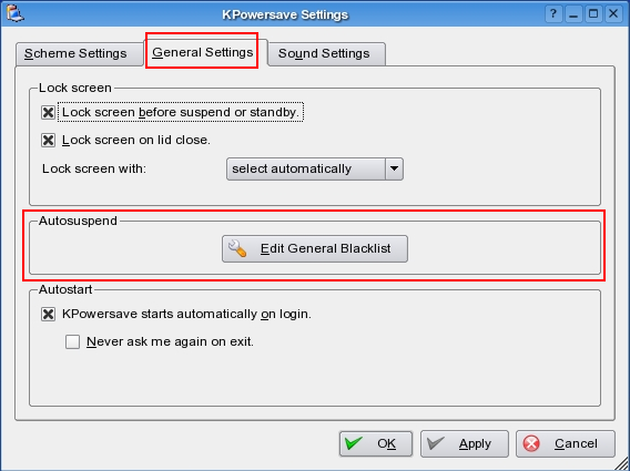 KPowersave configure dialog for Autosuspend Blacklist