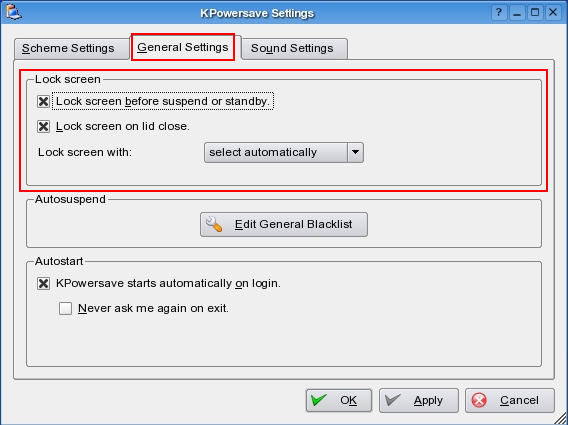 KPowersave configure dialog for general settings.