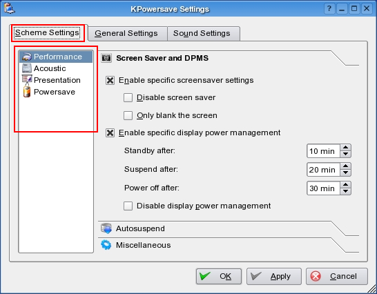 KPowersave configure dialog (select schemes).