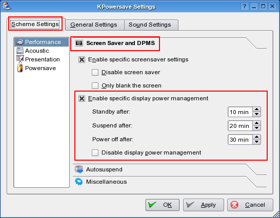 KPowersave configure dialog for screen saver settings.