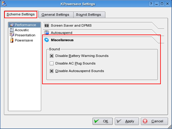 KPowersave configure dialog for sound settings.