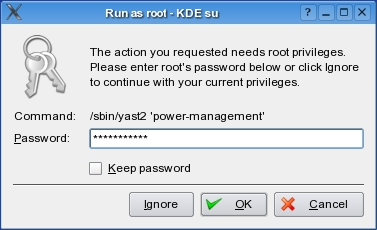 KPowersave dialog to open YaST Power Management module